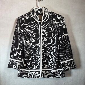 Chicos Black White Abstract Swirl Cotton Blazer Jacket Mandarin Collar Size 1